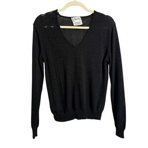 Vintage 1970s Black Knit V-Neck Sweater • Soft Lightweight Retro Minimal